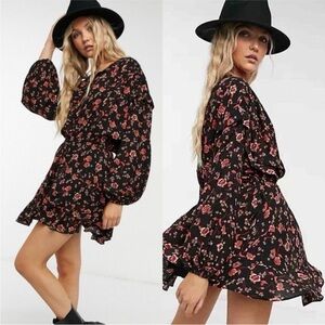 Free People Flower Fields Black Floral Ruffle‎ Hem Mini Dress